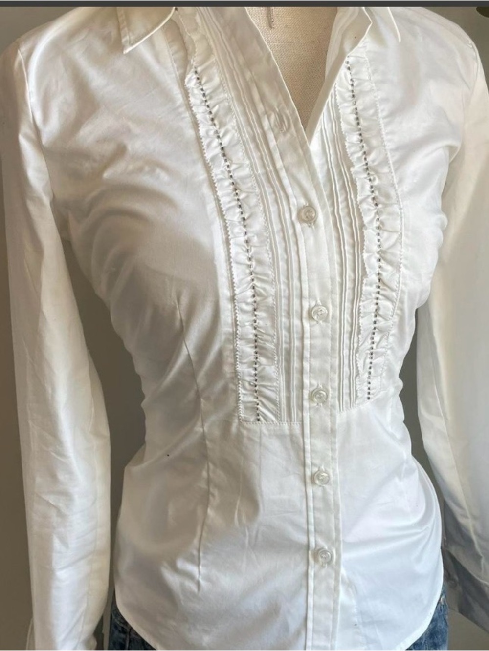 New York & Company White Ruffle Pintuck Button-Down Shirt